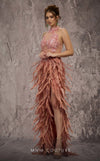 MNM Couture Style J03381 feathered column gown with a sequined top and dramatic split. \ Couture Shop LA
