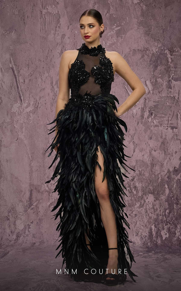 MNM Couture Style J03381 feathered column gown with a sequined top and dramatic split. \ Couture Shop LA