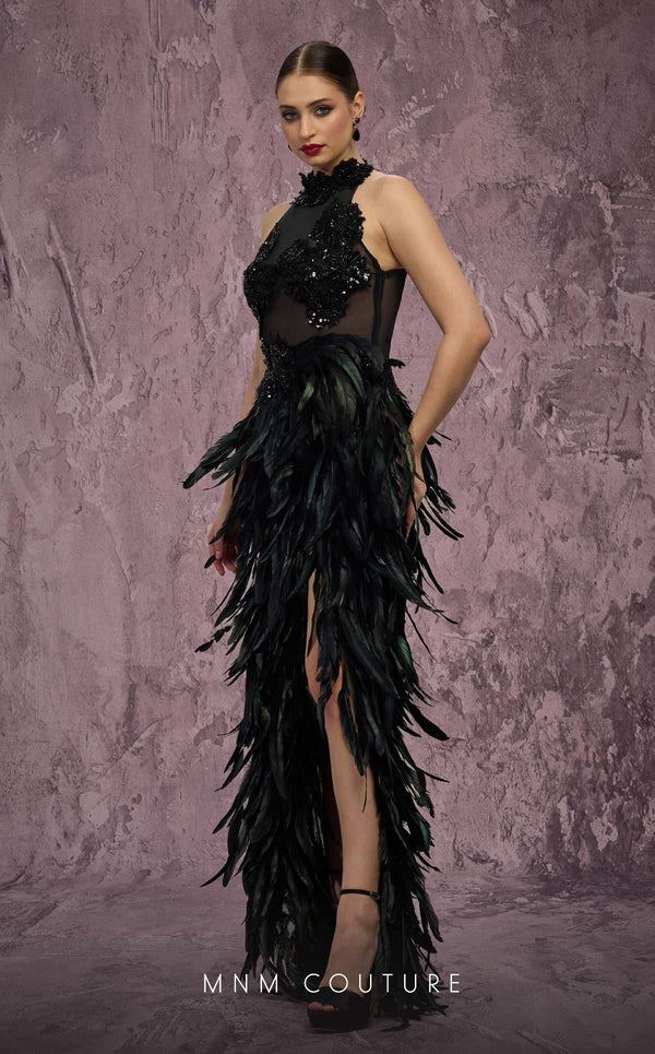 MNM Couture Style J03381 feathered column gown with a sequined top and dramatic split. \ Couture Shop LA