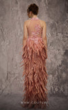 MNM Couture Style J03381 feathered column gown with a sequined top and dramatic split. \ Couture Shop LA