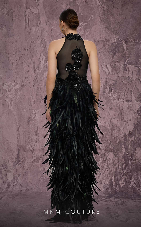 MNM Couture Style J03381 feathered column gown with a sequined top and dramatic split. \ Couture Shop LA