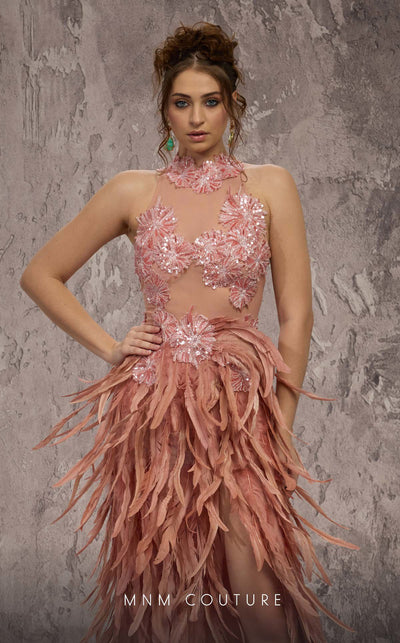 MNM Couture Style J03381 feathered column gown with a sequined top and dramatic split. \ Couture Shop LA