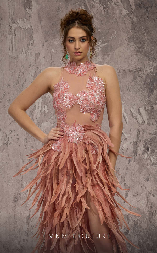 MNM Couture Style J03381 feathered column gown with a sequined top and dramatic split. \ Couture Shop LA