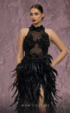 MNM Couture Style J03381 feathered column gown with a sequined top and dramatic split. \ Couture Shop LA
