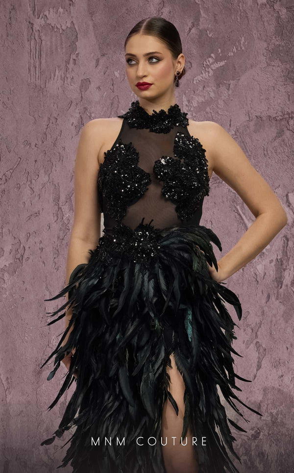 MNM Couture Style J03381 feathered column gown with a sequined top and dramatic split. \ Couture Shop LA