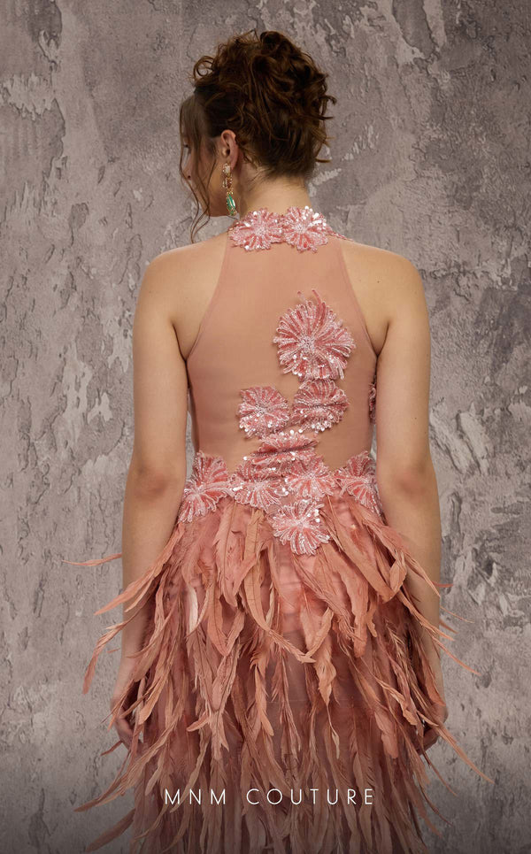 MNM Couture Style J03381 feathered column gown with a sequined top and dramatic split. \ Couture Shop LA