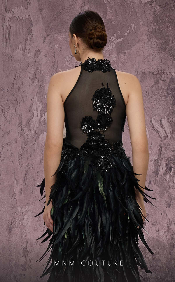MNM Couture Style J03381 feathered column gown with a sequined top and dramatic split. \ Couture Shop LA