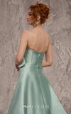 MNM Couture Style J03497 strapless column gown with a beaded skirt, satin train, and asymmetrical deep V-neck. \ Couture Shop LA