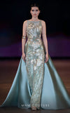 MNM Couture Style J03503 beaded column gown with a double skirt train and sheer neckline. \ Couture Shop LA