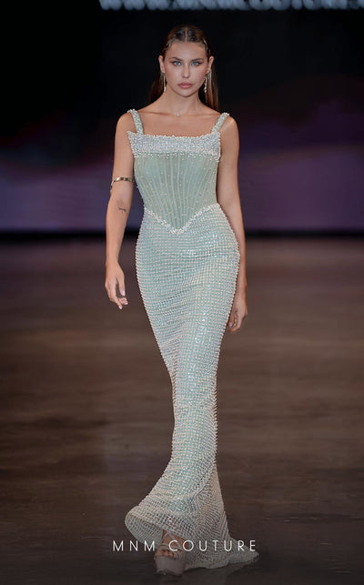 MNM Couture Style J03553 pearl-beaded straight-cut gown with a Molly corset top and train. \ Couture Shop LA