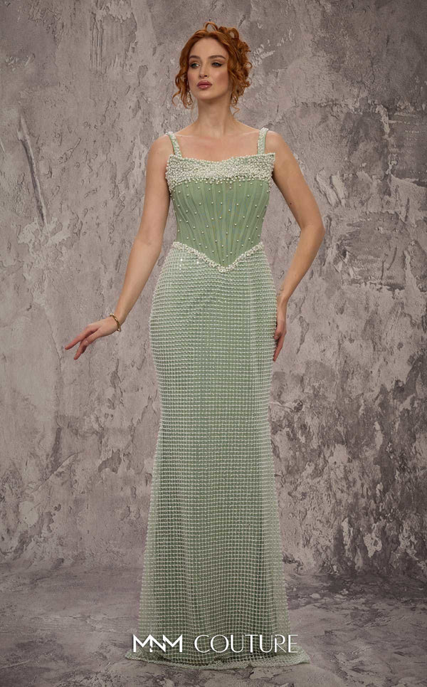 MNM Couture Style J03553 pearl-beaded straight-cut gown with a Molly corset top and train. \ Couture Shop LA