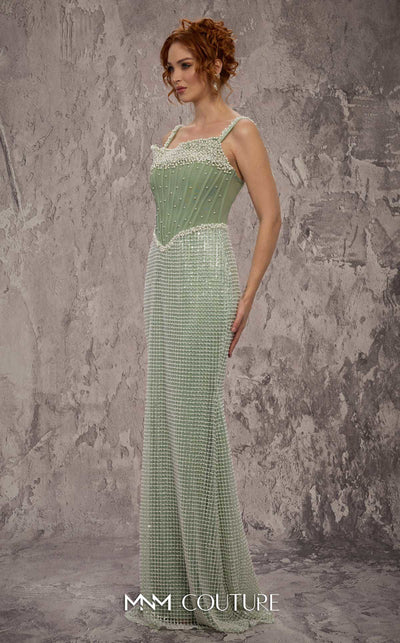 MNM Couture Style J03553 pearl-beaded straight-cut gown with a Molly corset top and train. \ Couture Shop LA