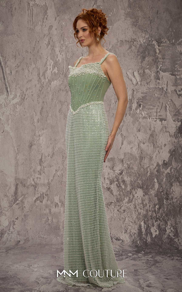 MNM Couture Style J03553 pearl-beaded straight-cut gown with a Molly corset top and train. \ Couture Shop LA