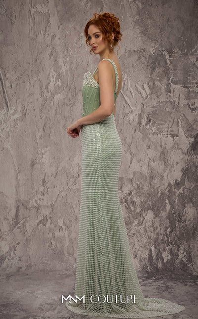 MNM Couture Style J03553 pearl-beaded straight-cut gown with a Molly corset top and train. \ Couture Shop LA