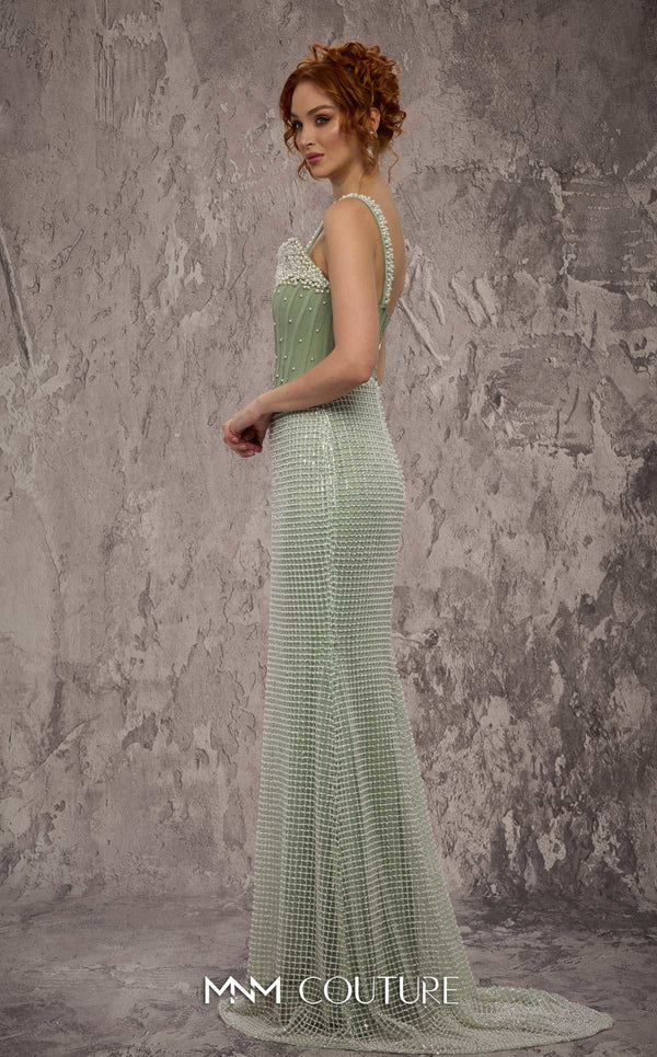 MNM Couture Style J03553 pearl-beaded straight-cut gown with a Molly corset top and train. \ Couture Shop LA