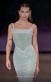 MNM Couture Style J03553 pearl-beaded straight-cut gown with a Molly corset top and train. \ Couture Shop LA