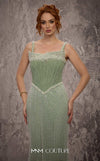 MNM Couture Style J03553 pearl-beaded straight-cut gown with a Molly corset top and train. \ Couture Shop LA