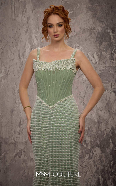 MNM Couture Style J03553 pearl-beaded straight-cut gown with a Molly corset top and train. \ Couture Shop LA
