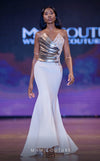 MNM Couture Style J03554 strapless mermaid gown with metallic beading, deep V-neckline, and pleated bodice. \ Couture Shop LA