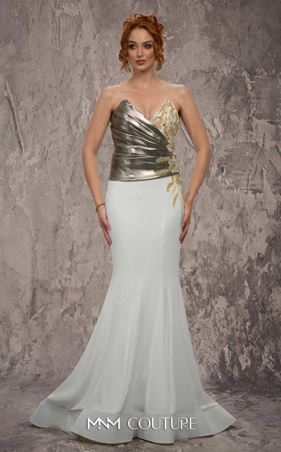 MNM Couture Style J03554 strapless mermaid gown with metallic beading, deep V-neckline, and pleated bodice. \ Couture Shop LA