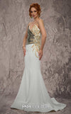 MNM Couture Style J03554 strapless mermaid gown with metallic beading, deep V-neckline, and pleated bodice. \ Couture Shop LA