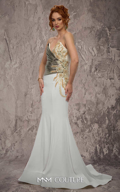 MNM Couture Style J03554 strapless mermaid gown with metallic beading, deep V-neckline, and pleated bodice. \ Couture Shop LA