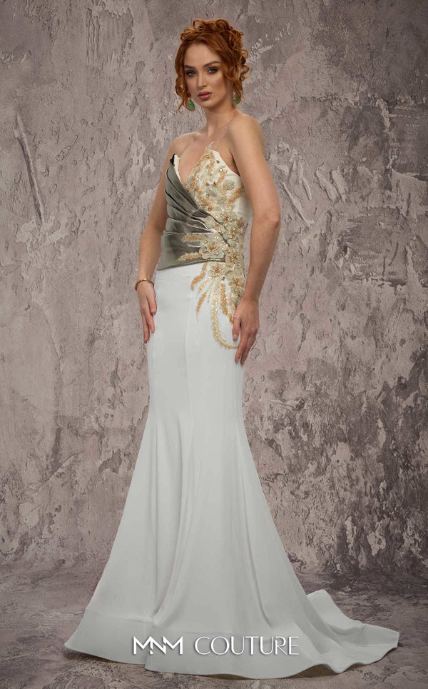 MNM Couture Style J03554 strapless mermaid gown with metallic beading, deep V-neckline, and pleated bodice. \ Couture Shop LA
