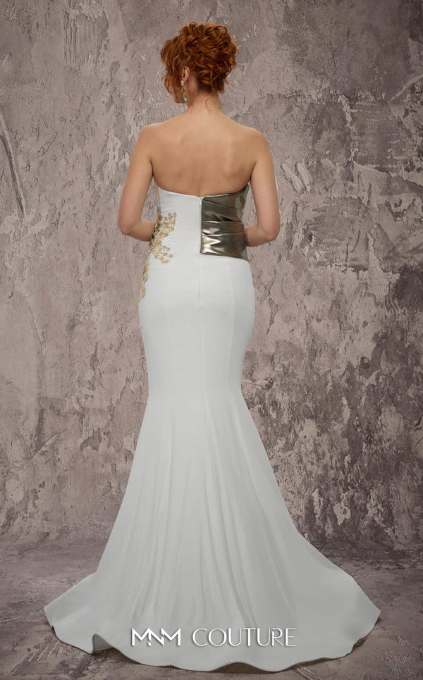 MNM Couture Style J03554 strapless mermaid gown with metallic beading, deep V-neckline, and pleated bodice. \ Couture Shop LA