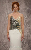 MNM Couture Style J03554 strapless mermaid gown with metallic beading, deep V-neckline, and pleated bodice. \ Couture Shop LA