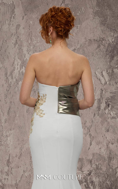 MNM Couture Style J03554 strapless mermaid gown with metallic beading, deep V-neckline, and pleated bodice. \ Couture Shop LA