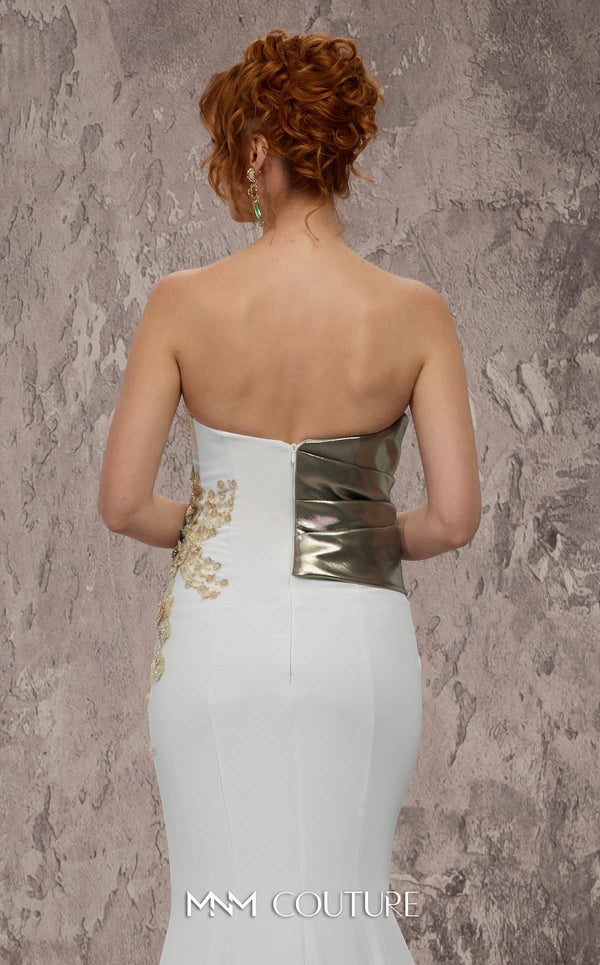 MNM Couture Style J03554 strapless mermaid gown with metallic beading, deep V-neckline, and pleated bodice. \ Couture Shop LA