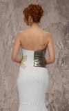 MNM Couture Style J03554 strapless mermaid gown with metallic beading, deep V-neckline, and pleated bodice. \ Couture Shop LA
