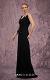 MNM Couture Style J03563 asymmetrical A-line gown with a double skirt, beaded bodice, and peplum waist. \ Couture Shop LA