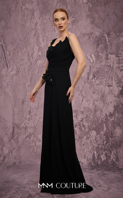 MNM Couture Style J03563 asymmetrical A-line gown with a double skirt, beaded bodice, and peplum waist. \ Couture Shop LA