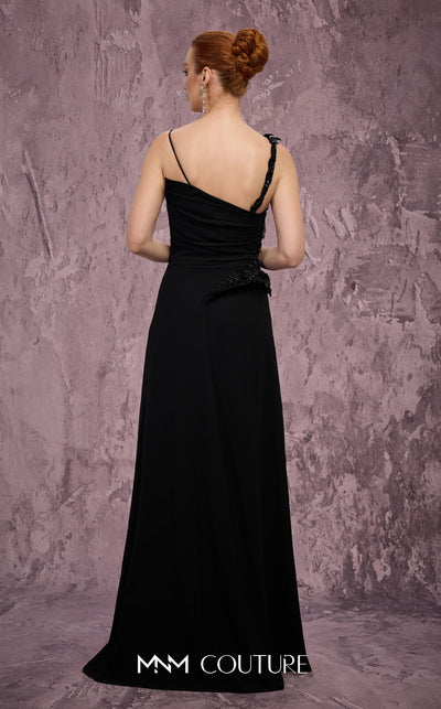 MNM Couture Style J03563 asymmetrical A-line gown with a double skirt, beaded bodice, and peplum waist. \ Couture Shop LA