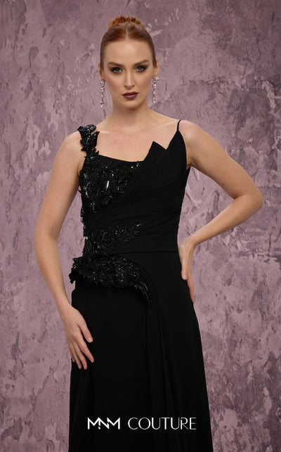 MNM Couture Style J03563 asymmetrical A-line gown with a double skirt, beaded bodice, and peplum waist. \ Couture Shop LA