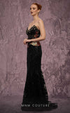  MNM Couture Style J03569 strapless mermaid gown with a beaded corset top, mesh panel, and peplum. \ Couture Shop LA                