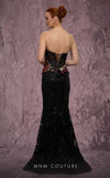  MNM Couture Style J03569 strapless mermaid gown with a beaded corset top, mesh panel, and peplum. \ Couture Shop LA                
