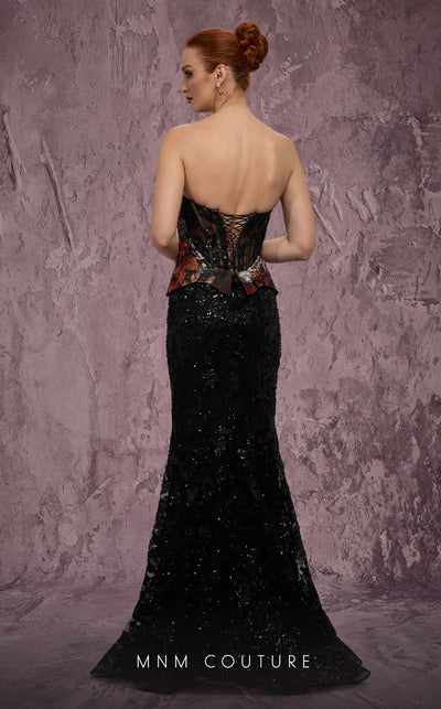  MNM Couture Style J03569 strapless mermaid gown with a beaded corset top, mesh panel, and peplum. \ Couture Shop LA