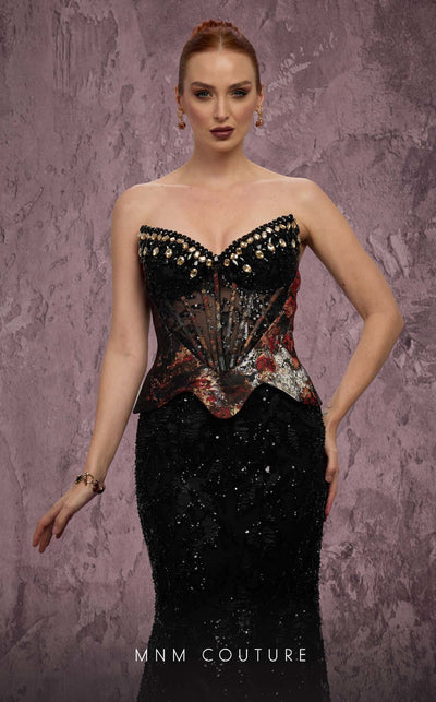 MNM Couture Style J03569 strapless mermaid gown with a beaded corset top, mesh panel, and peplum. \ Couture Shop LA