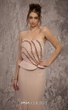 MNM Couture Style J03571 strapless mermaid gown with a corset top, crystal embellishments, and peplum details. \ Couture Shop LA