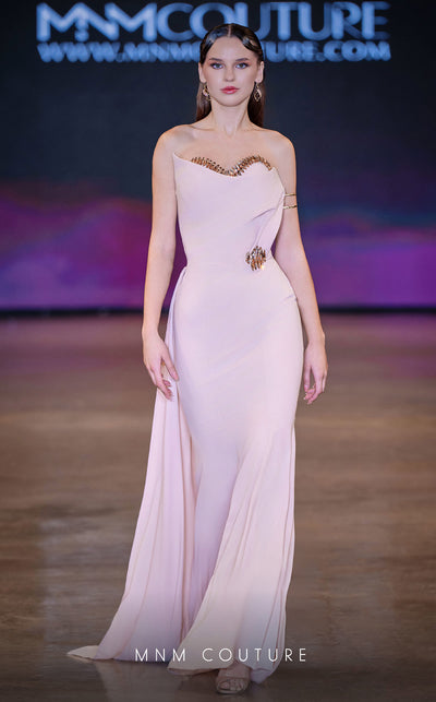 MNM Couture Style J03584 strapless mermaid gown with a crystal sweetheart neckline, asymmetrical bodice, and side train. \ Couture Shop LA