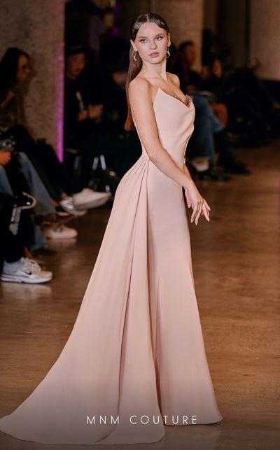 MNM Couture Style J03584 strapless mermaid gown with a crystal sweetheart neckline, asymmetrical bodice, and side train. \ Couture Shop LA