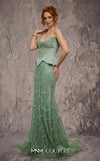 MNM Couture Style J03585 lace and beaded trumpet gown with a corset top and dramatic skirt. \ Couture Shop LA