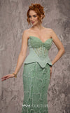 MNM Couture Style J03585 lace and beaded trumpet gown with a corset top and dramatic skirt. \ Couture Shop LA