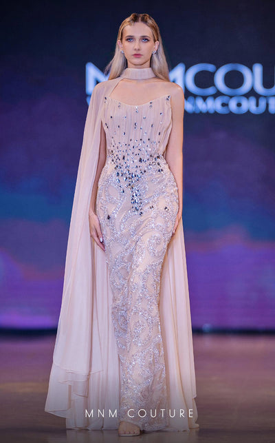 MNM Couture Style J03590 corseted chiffon gown with crystal embellishments and pleated neckline. \ Couture Shop LA