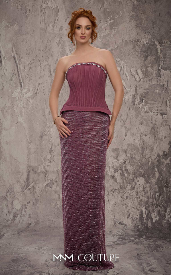 MNM Couture Style J03595 beaded column gown with an Olivia corset top and shimmering beadwork. \ Couture Shop LA