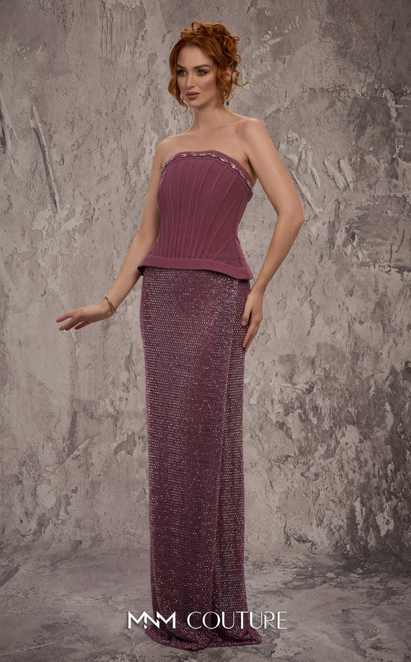 MNM Couture Style J03595 beaded column gown with an Olivia corset top and shimmering beadwork. \ Couture Shop LA