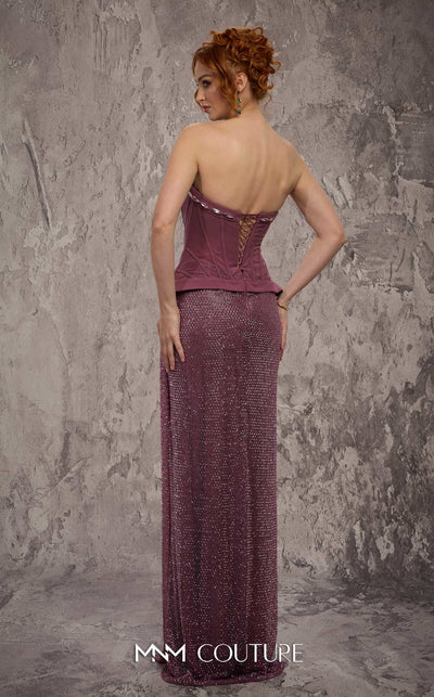 MNM Couture Style J03595 beaded column gown with an Olivia corset top and shimmering beadwork. \ Couture Shop LA