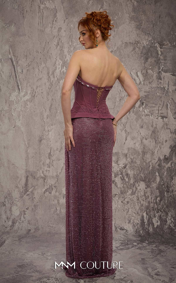 MNM Couture Style J03595 beaded column gown with an Olivia corset top and shimmering beadwork. \ Couture Shop LA